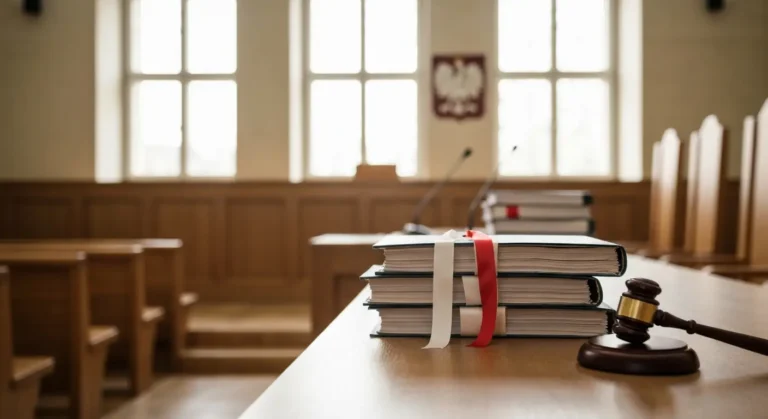 Sala sądowa z aktami sprawy sądowej i młotkiem sędziowskim na stole, symbolizująca postępowanie w sprawie frankowej