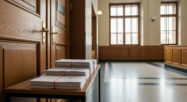 Korytarz sądu z drzwiami do sali rozpraw i teczkami dokumentów sądowych na stole