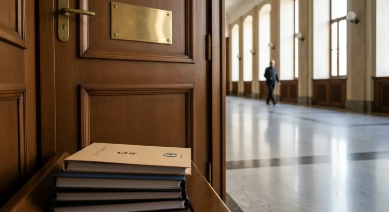 Korytarz sądu z drzwiami sali rozpraw i teczkami akt sprawy frankowej na ławce