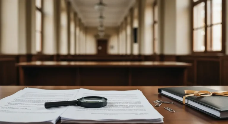 Dokumenty umowy kredytu CHF i akta sprawy sądowej na biurku w sali sądowej
