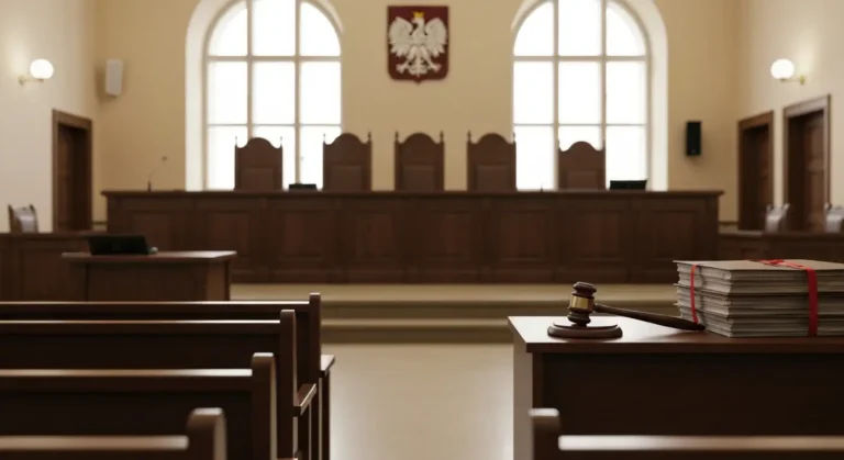 Sala sądowa z ławą sędziowską i aktami sprawy, symbolizująca apelację banku od wyroku frankowego