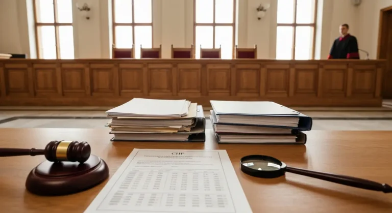 Sala sądowa z dokumentami umowy kredytu frankowego i młotkiem sędziowskim na biurku
