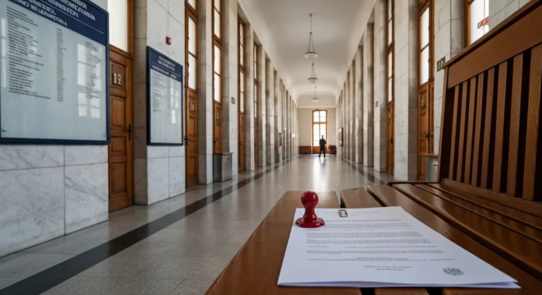 Korytarz sądu okręgowego z dokumentami sprawy frankowej i pieczęcią na ławie