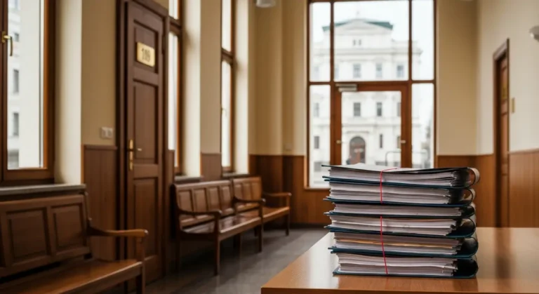 Korytarz sądu z aktami sprawy sądowej dotyczącej kredytu frankowego na drewnianym stole