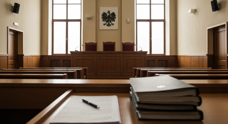 Pusta sala sądowa z ławą sędziowską i dokumentami sprawy sądowej w tle, symbol oczekiwania na rozprawę