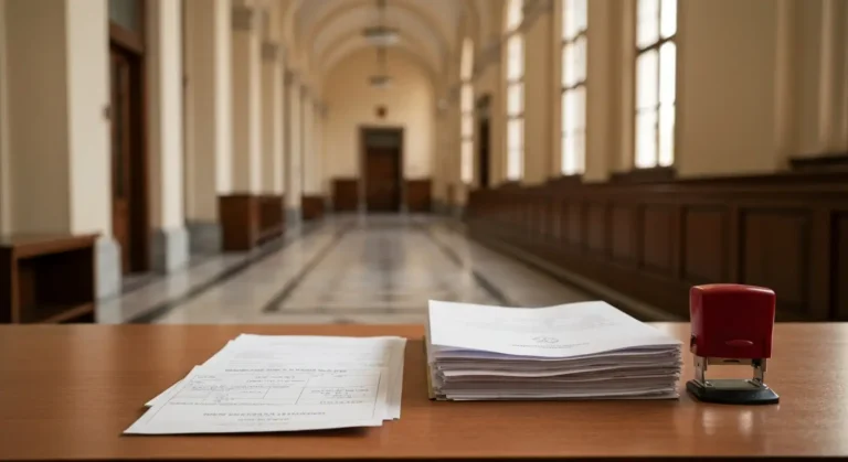 Dokumenty sądowe i pieczątka na biurku w sali sądowej symbolizujące opłatę od pozwu frankowego