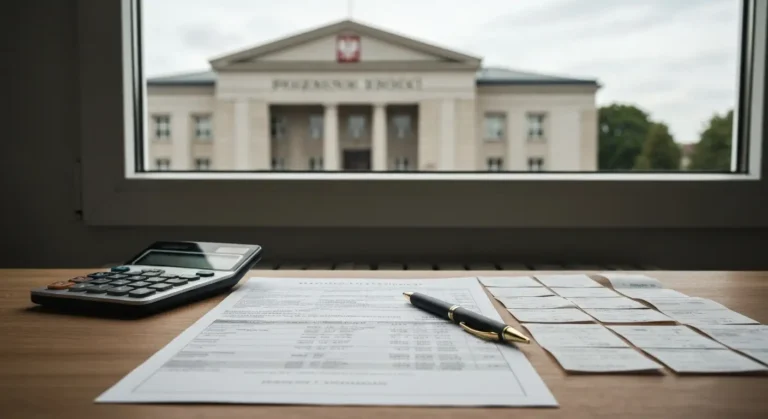 Dokumenty kredytu frankowego i wyciąg bankowy zestawiane na biurku przed obliczeniem sumy wpłat