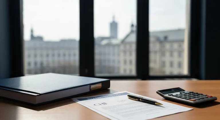 Dokumenty ugody kredytu frankowego na biurku kancelarii prawnej, w tle sąd okręgowy